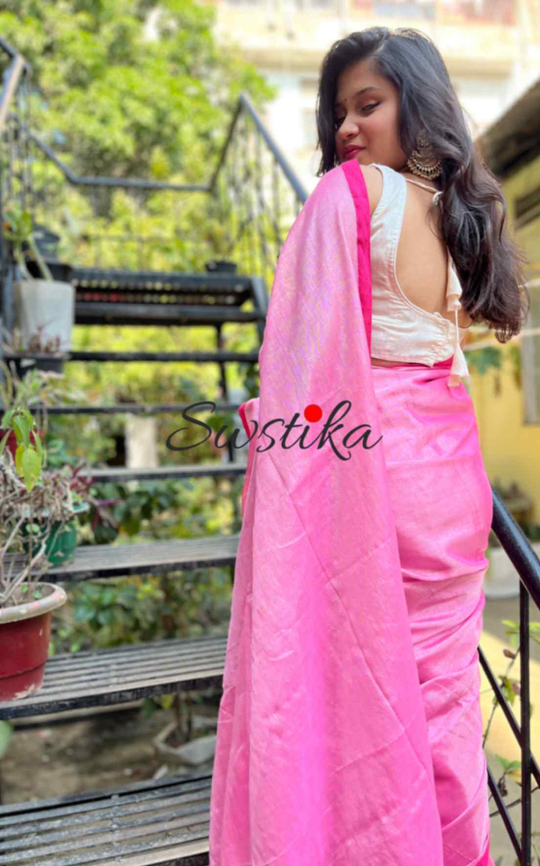 Pink Silver Linen Zari Saree with unstitched blouse piece