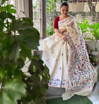 Parsi Gara Work on Semi Tussar Silk Saree (Off White)