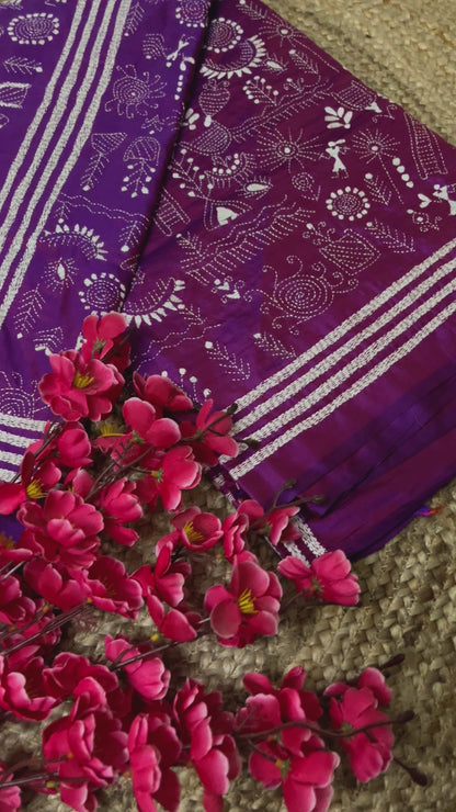 Kantha stitch with Worli design on blended Bangalore Silk