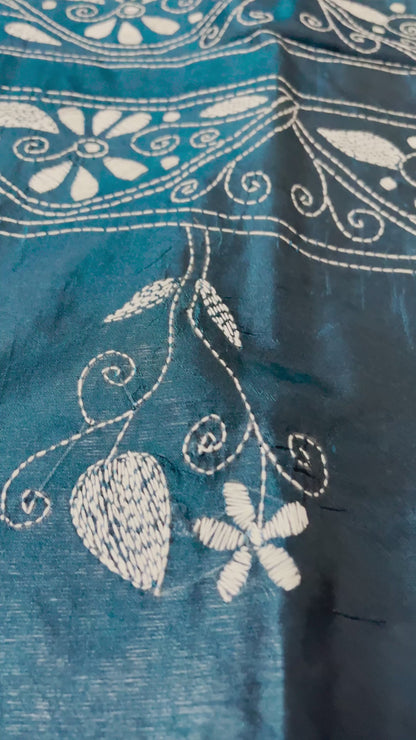 Kantha Stitch Bird Motif saree (Peacock Blue) on Blended Bangalore Silk