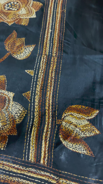 Kantha Stitch Floral Motif Saree (Black) on Blended Bangalore Silk