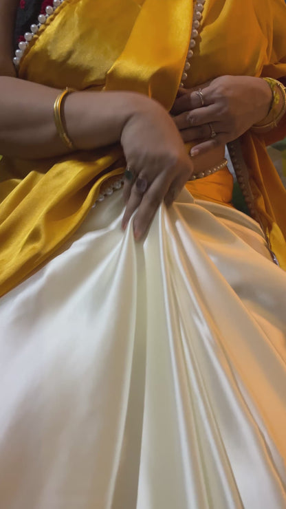 Pearl Satin Silk Saree (Golden yellow)