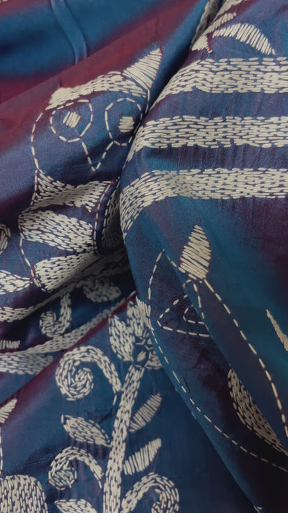 Kantha Stitch Owl Motif Dual tone Saree (Blue) on Blended Bangalore Silk