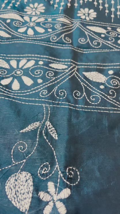 Kantha Stitch Bird Motif saree (Peacock Blue) on Blended Bangalore Silk