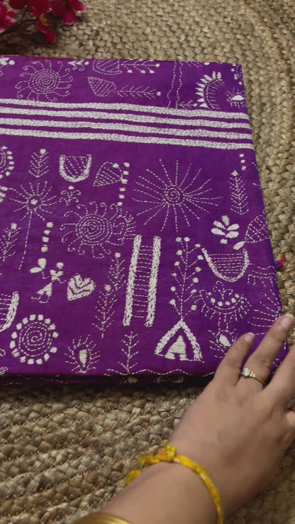 Kantha stitch with Worli design on blended Bangalore Silk